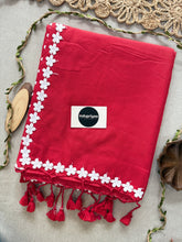 Red Handloom Khadi Cotton Saree With Flower Designe Lace Border